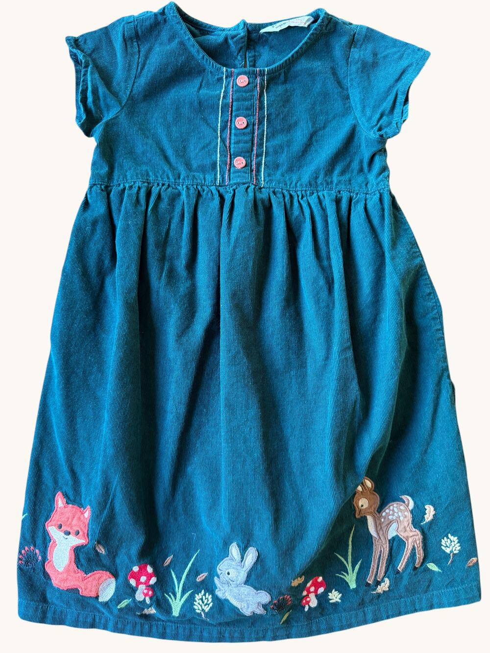 Beebay Girls Teal Corduroy Woodland Animal Embroidered Dress Size 5